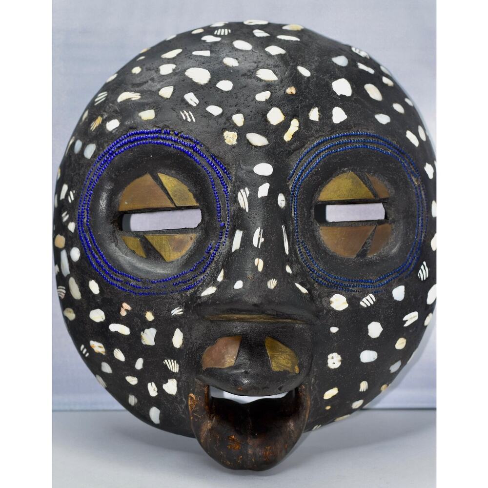 African Baluba Wood Brass Beaded Mask Luba Handmade Ceremonial Bantu Art - Picture 2 of 13